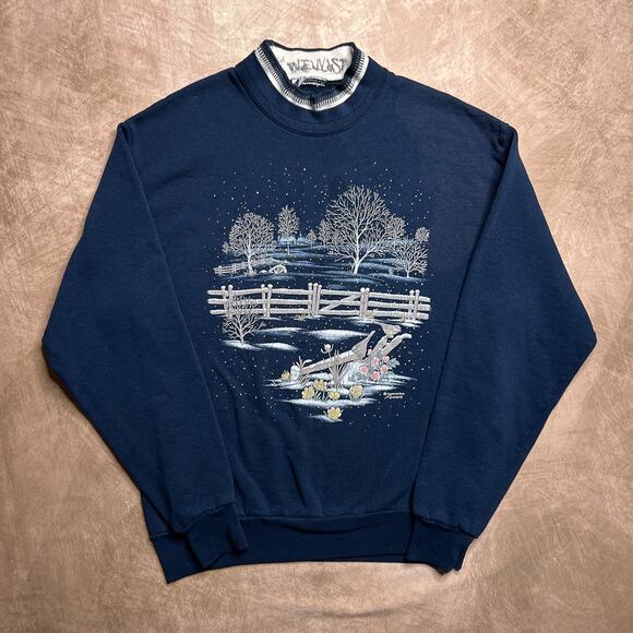 Vintage 90s Morning Sun Winter Night Farmhouse Sweatshirt Navy Bird Snow Cottage - Picture 1 of 6
